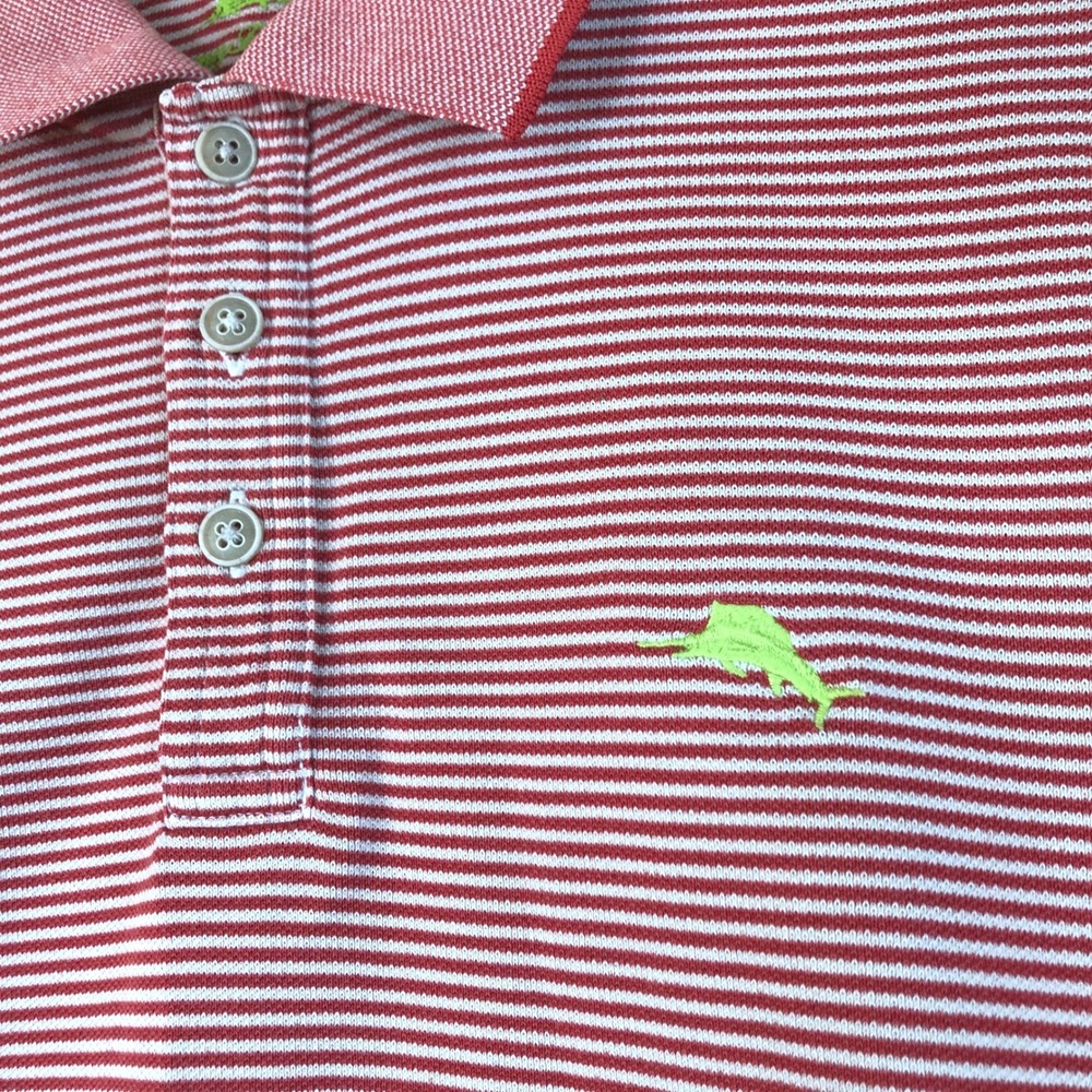 Tommy Bahama Mens Large Red White Striped Short Sleeve Marlin Polo Shirt - Picture 4 of 12